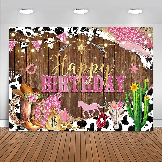 Mocsicka Western Backdrop - Cowgirl Happy Birthday Backdrop, Western Birthday Party Decorations, Pink for Grils Birthday Party Photography Background Supplies (Pink, 7x5ft (82x60 inch))
