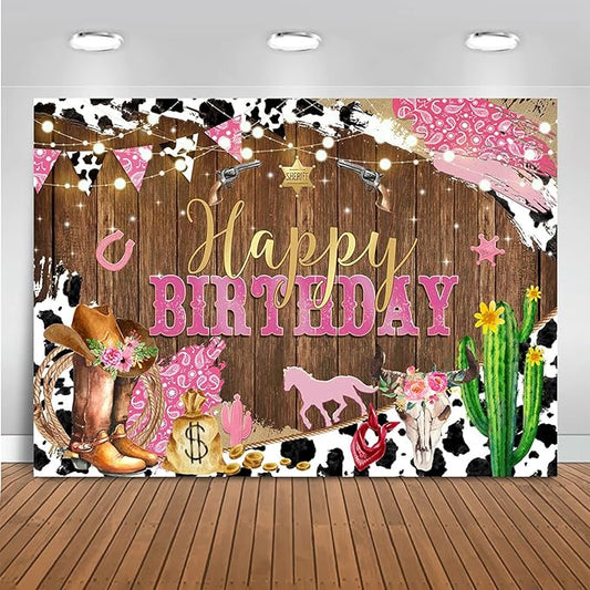 Mocsicka Western Backdrop - Cowgirl Happy Birthday Backdrop, Western Birthday Party Decorations, Pink for Grils Birthday Party Photography Background Supplies (Pink, 7x5ft (82x60 inch))