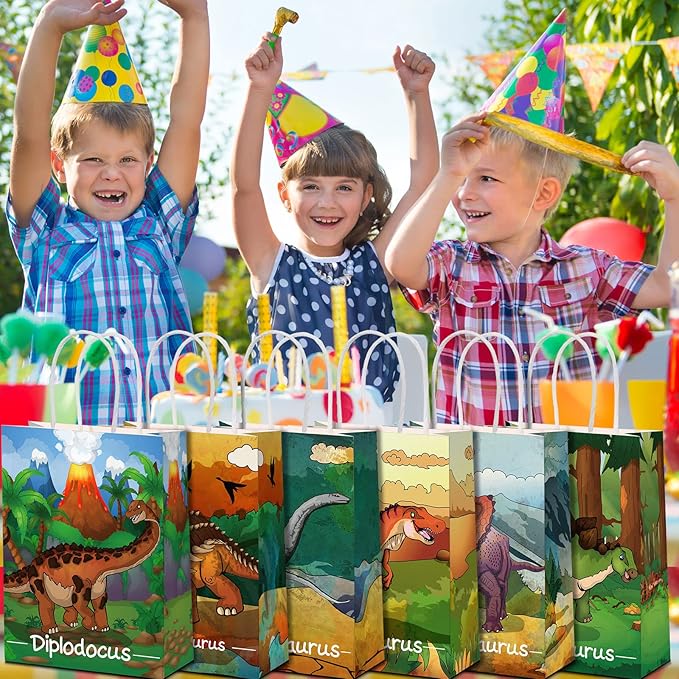 Pajean 24 Pcs Dinosaur Candy Bags with Handle, Dinosaur Party Favor Paper Bags Kids Gifts Goodie Treat Wrapping for Boys Girls Dino Theme Birthday Baby Shower Party Supplies(Vivid Style)