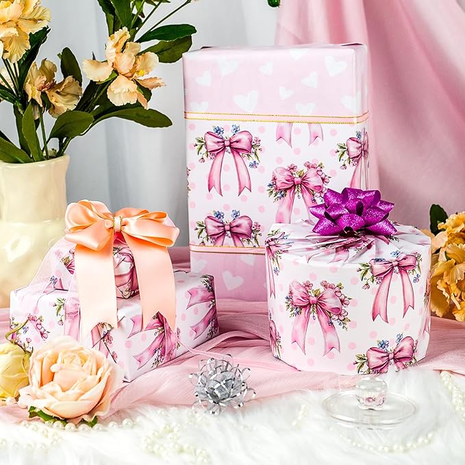 MAYPLUSS Pink Bow Wrapping Paper Roll, Girl Birthday Wrapping Paper, Reversible Girly Feminine Pink Gift Wrap with Bow Print for Baby Shower, Christmas, Valentine's Day, Mother's Day (17 In X 33 Ft)