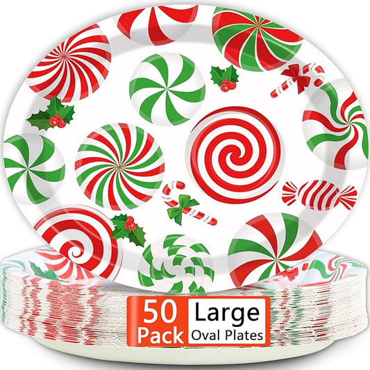 50 PCS Christmas Peppermint Oval Paper Plates Large 11'' Disposable Christmas Sweet Candy Cane Party Decorations Winter Holiday Party Supplies Favors for Xmas Party Desserts Cakes Dinner Tableware Set