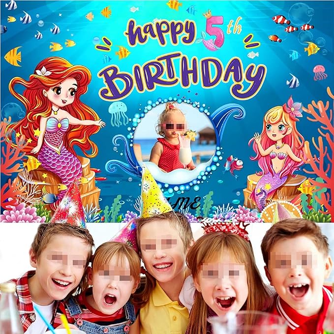Dicodes Custom Mermaid Theme Birthday Decorations Banner - Personalized Fabric Banner for Birthday Party Supplies