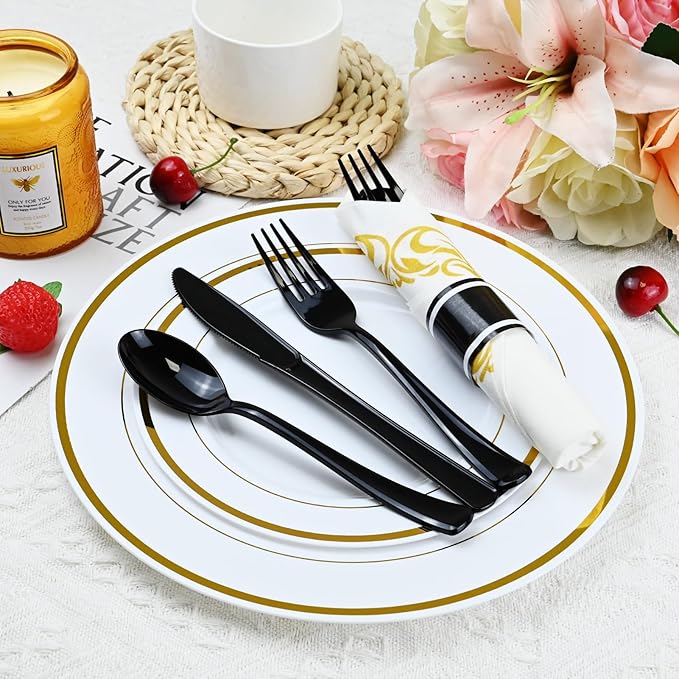 100 Pack Black Plastic Silverware, Pre Wrapped Cutlery Set with Gold Sun Pattern Napkin, Rolled Disposable Utensils Heavy Duty for Wedding, Party, Event Supplies