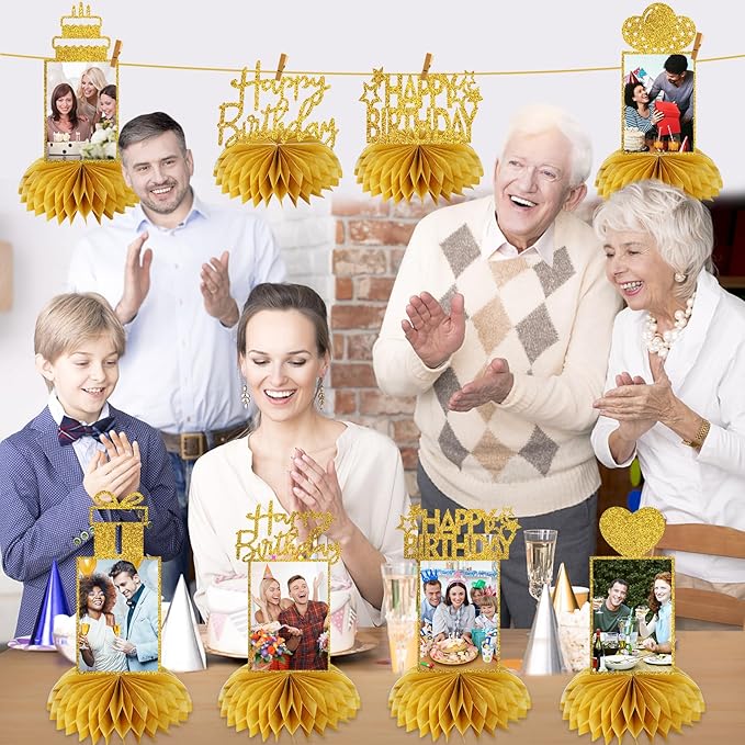 Eucutur 8Pcs Honeycomb Birthday Decorations - Gold Glitter Centerpieces for Women & Men, Happy Birthday Photo Table Toppers, 16th-60th Bday