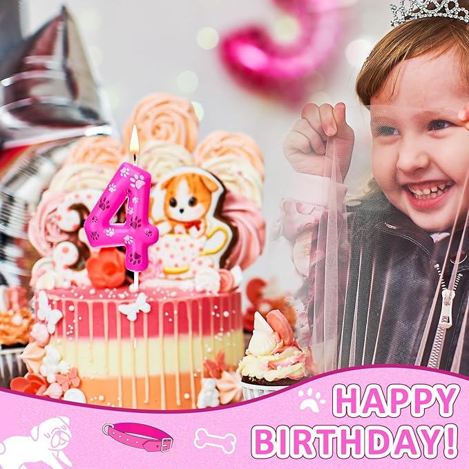 Conelist Number 4 Dog Paw Birthday Candles Toppers Candles Rose Red, Pink, Purple Numeral Birthday Cake Topper for 4 Year Old Boy Girl Paw Birth Day Decoration Pet Party Supplies