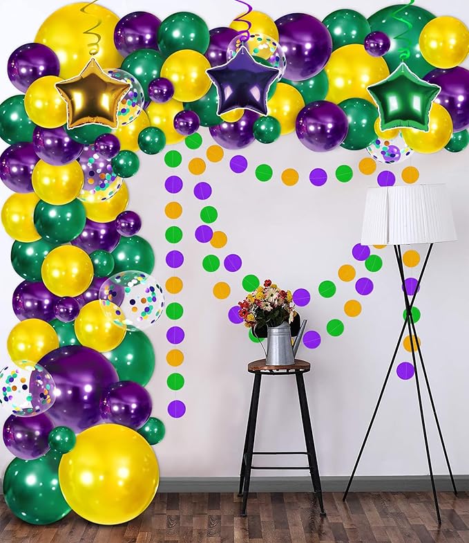 Mardi Gras Decorations Balloons Garland Arch Kit - Purple Green Gold Dot Banner & Hanging Swirls for Birthday Party Decor Supplies