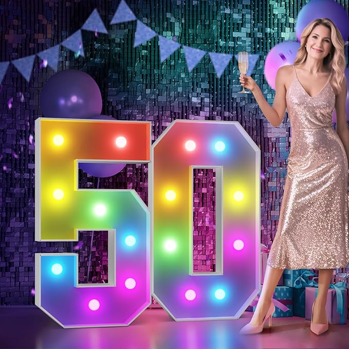 Marquee Numbers 50th Birthday Decoration: Colorful 3FT Large Light Up 50 Year Old Birthday Decorations Anniversary Backdrop Cardboard Sign 18 Colors Number 50 Mosaic Balloon Frame