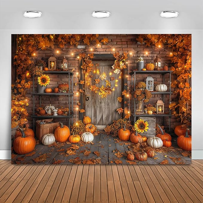 Mocsicka Fall Pumpkin Photography Backdrop Autumn Harvest Barn Background Party Decorations Maple Leaves Rustic Wooden Door Photo Booth Props (Orange, 12x10ft (144x120 inch))