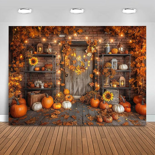 Mocsicka Fall Pumpkin Photography Backdrop Autumn Harvest Barn Background Party Decorations Maple Leaves Rustic Wooden Door Photo Booth Props (Orange, 7x5ft(82"x60"))