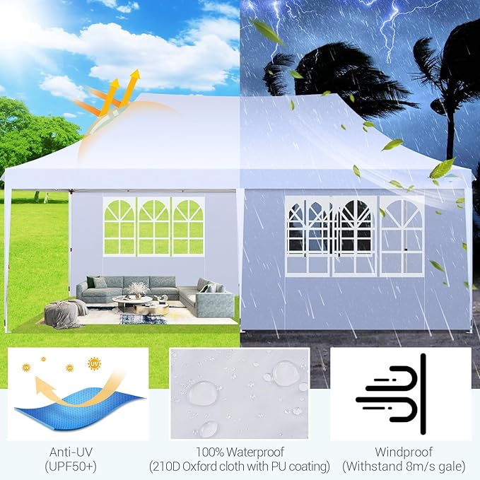 COBIZI 10x20 Pop Up Canopy with 6 Sidewall, Commercial Canopy UPF 50+ Waterproof Outdoor Gazebo with Carry Bag, Tents for Parties with Upgrade Frame, 3 Height Adjustable, Arctic White