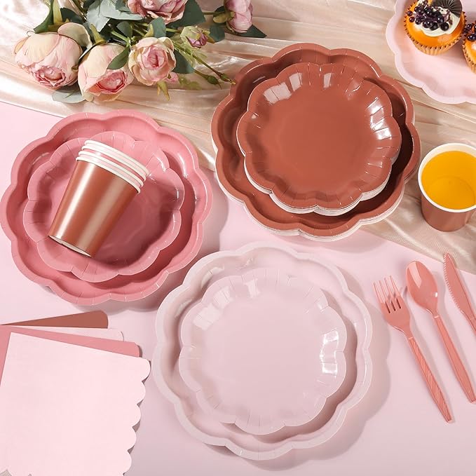 168 Pcs Dusty Pink Paper Plates and Napkins 24 Guests Gradient Scalloped Disposable Tableware Party Supplies Set for Mothers Day Wedding Birthday Garden Tea Party