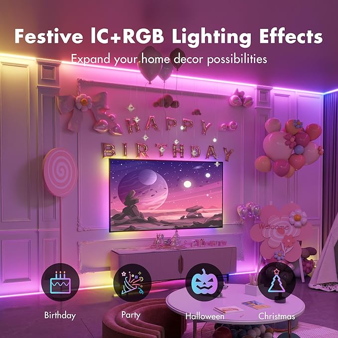 Led Lights for Bedroom 65.6FT Smart IC+RGB, Music Sync Color Changing Strip Lights, 24Key Remote+App Control Light Strip for BedHead,Underbed,Ceiling,Background Wall
