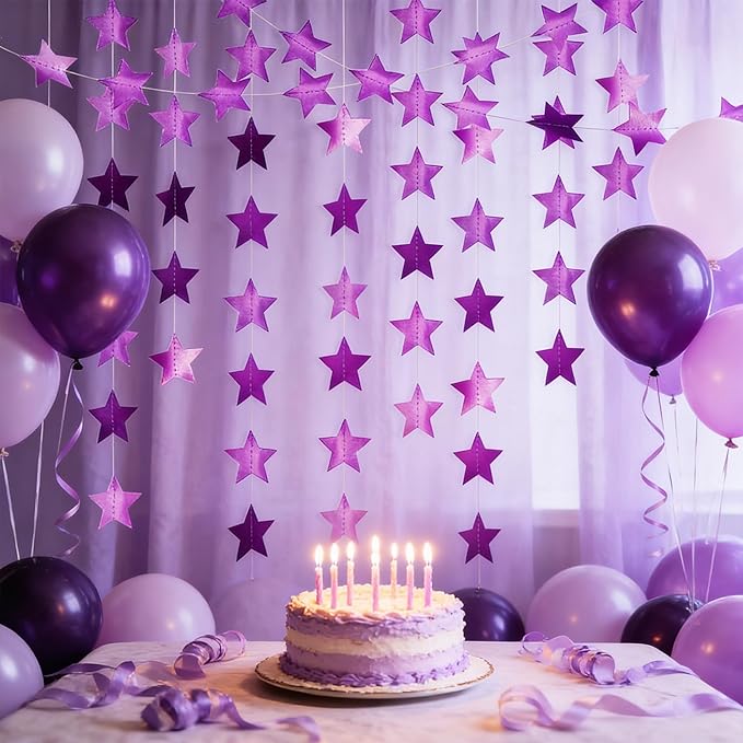 Metallic Purple Iridescent-Star-Garland 90FT – 240 Pcs Sparkling Star Streamers – Hanging Glitter Star Banner Backdrop for Birthday, Baby Shower, Wedding, Christmas Party Decorations (6 Packs)