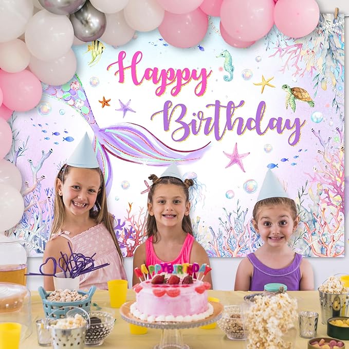 Mocsicka Mermaid Birthday Backdrop Blue and Purple Under The Sea Background for Girls Birthday Party Decor Photo Booth Props (10x7ft)