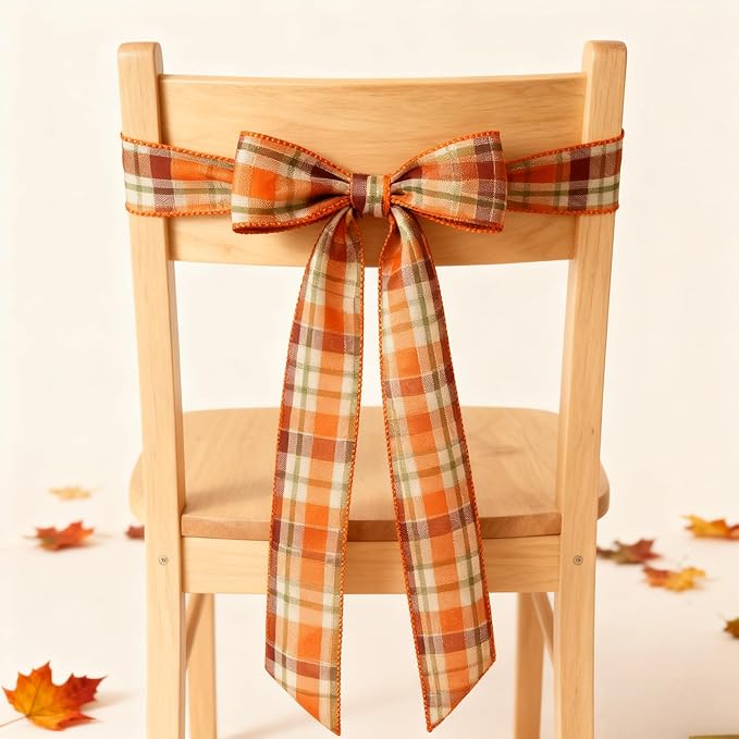 Meseey 4 Inch x 10 Yards Orange Burgundy Green White Plaid Wired Ribbon, Fall Buffalo Plaid Wired Edge Ribbons for Large Wreaths, Big Bows, Gift Wrapping, Thanksgiving & Halloween Decor