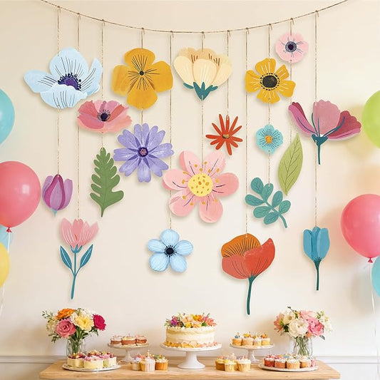 19 PCS Spring Flower Hanging Garland Decorations, DIY Flower Hanging Banner, Floral Ceiling Backdrop Decor for Birthday, Baby Shower, Garden Party Decor