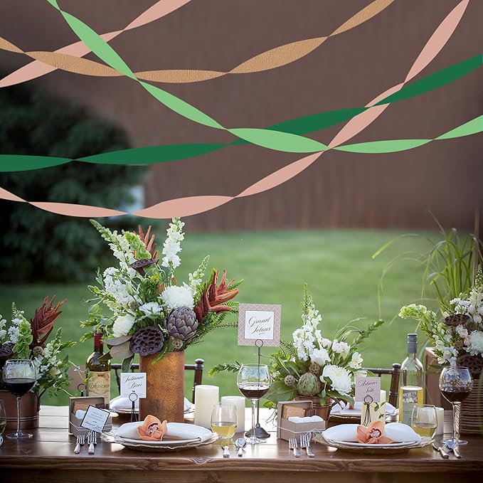 8 Rolls Crepe Paper Streamers, Rose Gold and Green Streamers Party Decorations for Birthday Baby Shower Wedding Bachelorette Party Bridal Shower Engagement Woodland Safari Spring