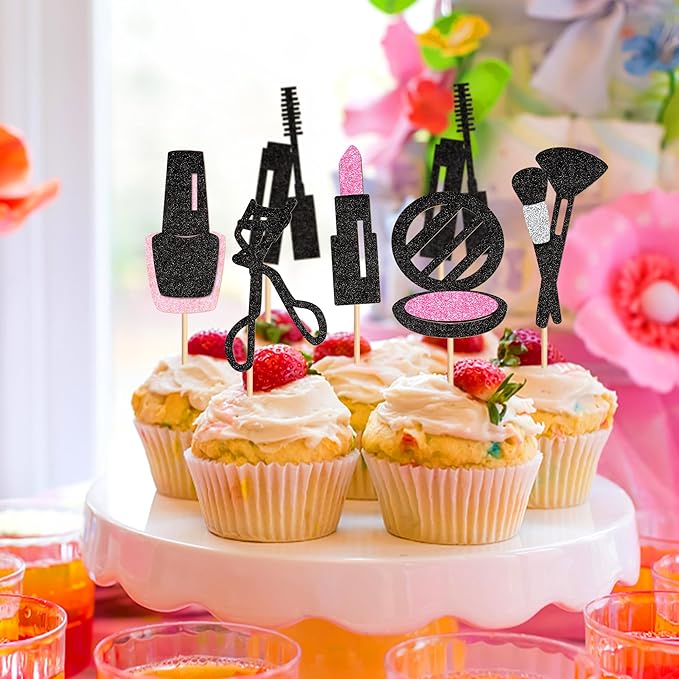 Ercadio 24Pcs Glitter Makeup Cupcake Toppers Mascara Lipstick Cupcake Picks Makeup Brushes Cosmetics Food Picks for Makeup Birthday Cupcake Decors Bridal Shower Bachelorette Party Supplies