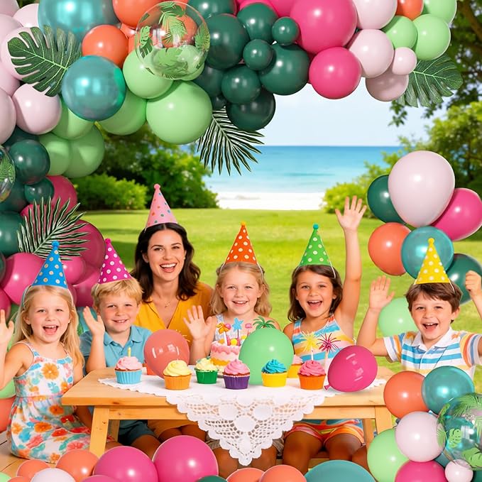 Ouddy Life 156pcs Tropical Balloons Arch Garland Kit, Hawaiian Summer Luau Party Decorations, Hot Pink Dark Green Orange Palm Leaves Balloons for Aloha Flamingo Beach Pool Baby Shower Birthday Decor
