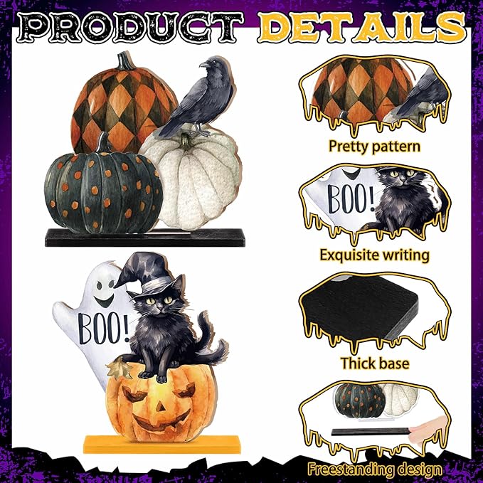 Marsui 12 pcs Halloween Wooden Decor Table Centerpieces Decorations for Home Spooky Halloween Pumpkin Ghost Black Cat Wooden Sign Wood Blocks Sign Home Decoration Tiered Tray Decor for Kitchen Shelf