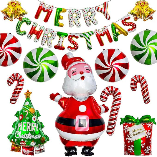 61" Christmas Balloons Set -MerryChristmas Balloon Banner Large Santa, Red & Green Candy Cane Foil Balloons for Christmas Party Decorations
