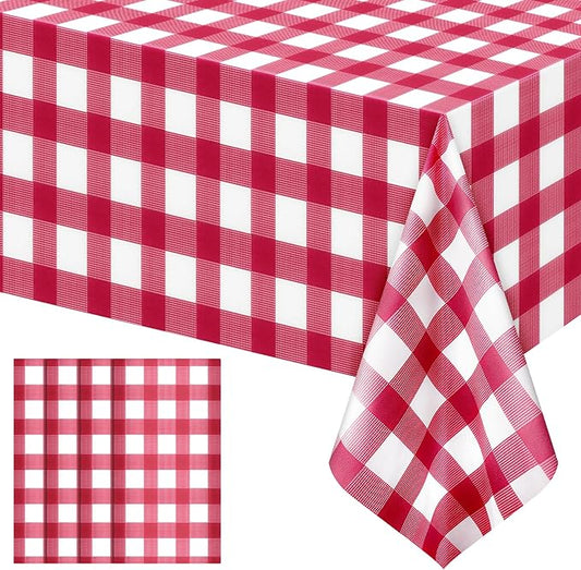 4 Pack Red Striped Gingham Tablecloths, 54 x 108 Inch Disposable Plastic Rectangle Table Covers, Waterproof Red and White Checkered Table Cloths for Picnic, Birthday, Party, Outdoor Events