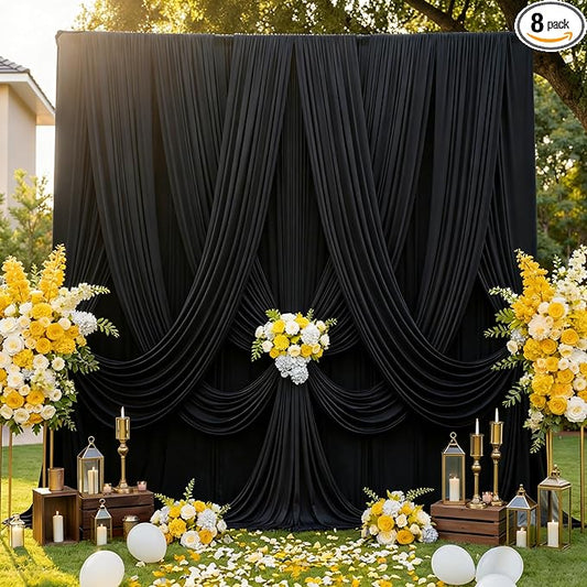 40ftx12ft Black Wrinkle Free Backdrop Curtains for Wedding Parties, 8 Panels 5x12 ft Long Silky Polyester Fabric Backdrop Drapes Black Photo Back Drop Cloth for Graduation Photography Background