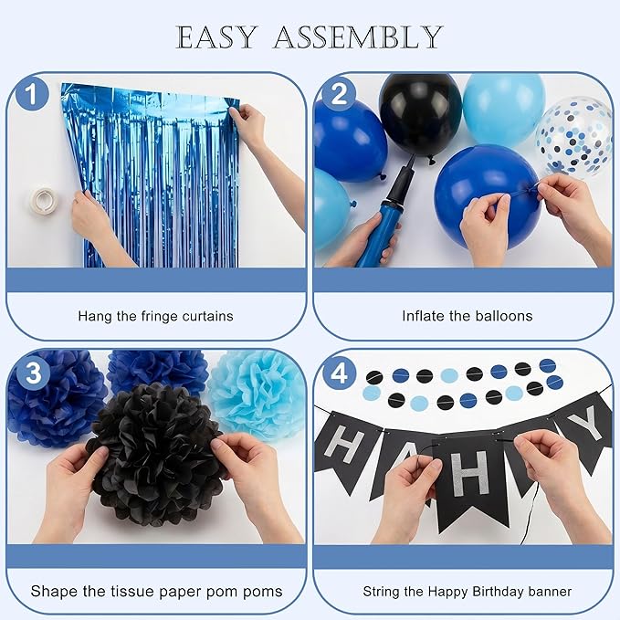 ANSOMO Blue and Black Happy Birthday Party Decorations for Boys Men Banner Balloons Navy Royal Light Blue Pom Poms Foil Curtain Décor Supplies 13th 16th 18th 20th 30th 40th 50th 60th 70th 80th