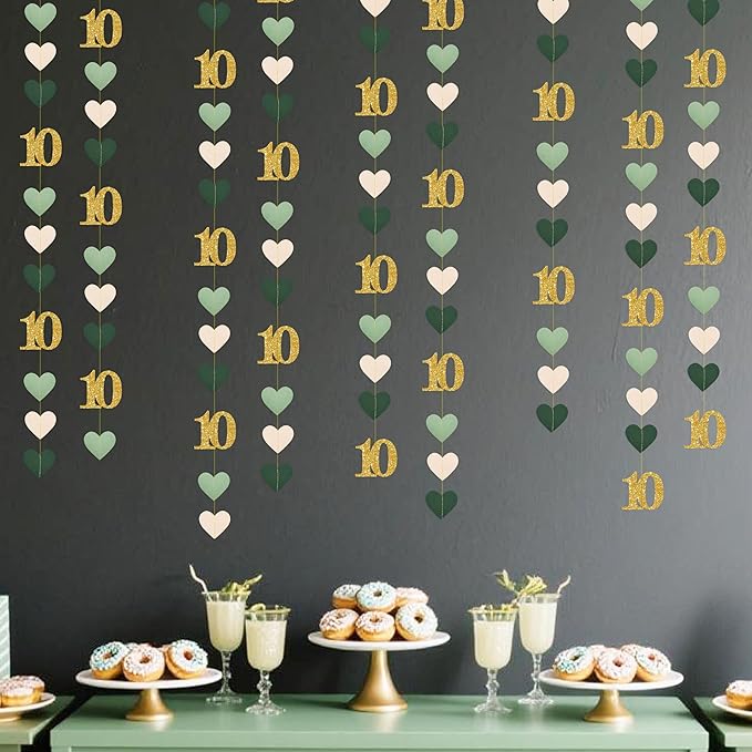 Sage Green Gold 10th Birthday Decorations Sage Green Gold Heart Garland Streamer Banner Backdrop for Girls Happy 10th Birthday Double Digits I'm 10 Cheers to 10 Years Old Anniversary Party Supplies