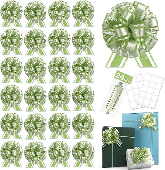24pcs Light Green Pull Bow for Gift Basket Wrapping Xmas Gift Bows Presents Adhesive Wrap Ribbon Bow for Christmas Tree Bottles Bouquet Flower Valentine's Day Party Decor (Light Green-G)