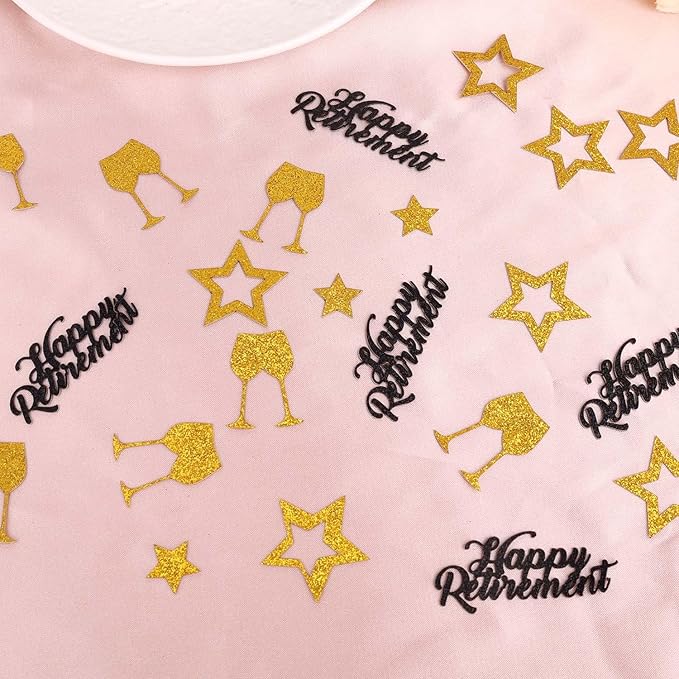 100pcs Gold Confetti, 4 Design Happy Retirement Confetti Wine Glass Five-Pointed Star Letters Birthday Table Decorations Gold Table Scatter for Wedding Office Farewell Party Celebration Supply