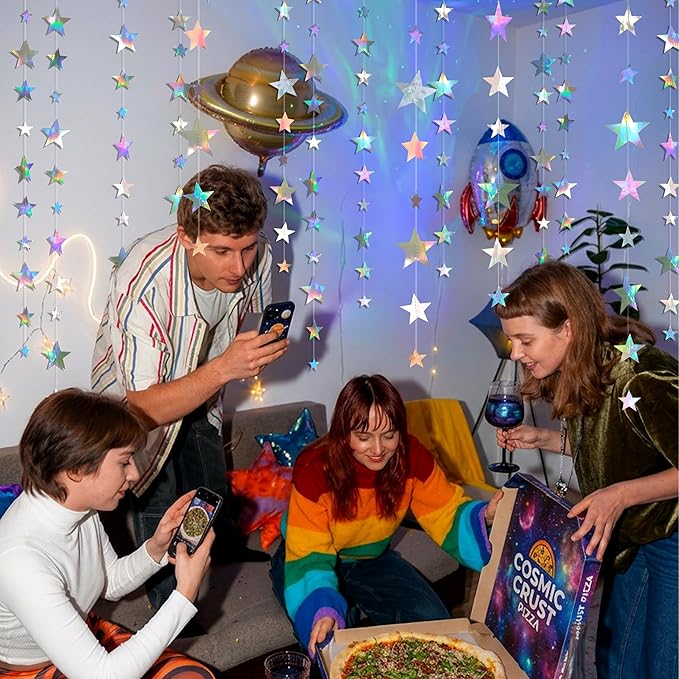 Cheerland 156ft Iridescent Star Garlands Space Party Decorations Hanging Stars Decoration Holographic Streamer Banner Backdrop Graduation Disco Galaxy Moon Euphoria Birthday Party Garland Star Decor
