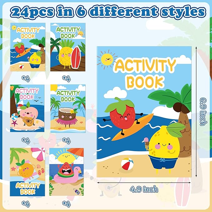 Summer Activity Books for Kids - 96Pcs Fruits Coloring Books Set Bulk Summer Tropical Search Mazes Word Scramble Games Mini Books for Party Goodie Bags Stuffers School Classroom Favors