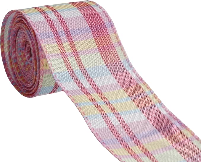 Meseey 2.5 Inch x 10 Yards Pastel Plaid Wired Ribbon, Buffalo Check Wired Edge Ribbon for Easter Wreaths, Gift Wrapping, Easter Baskets, Crafts, Spring Party Decorations