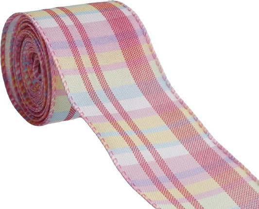 Meseey 2.5 Inch x 10 Yards Pastel Plaid Wired Ribbon, Buffalo Check Wired Edge Ribbon for Easter Wreaths, Gift Wrapping, Easter Baskets, Crafts, Spring Party Decorations