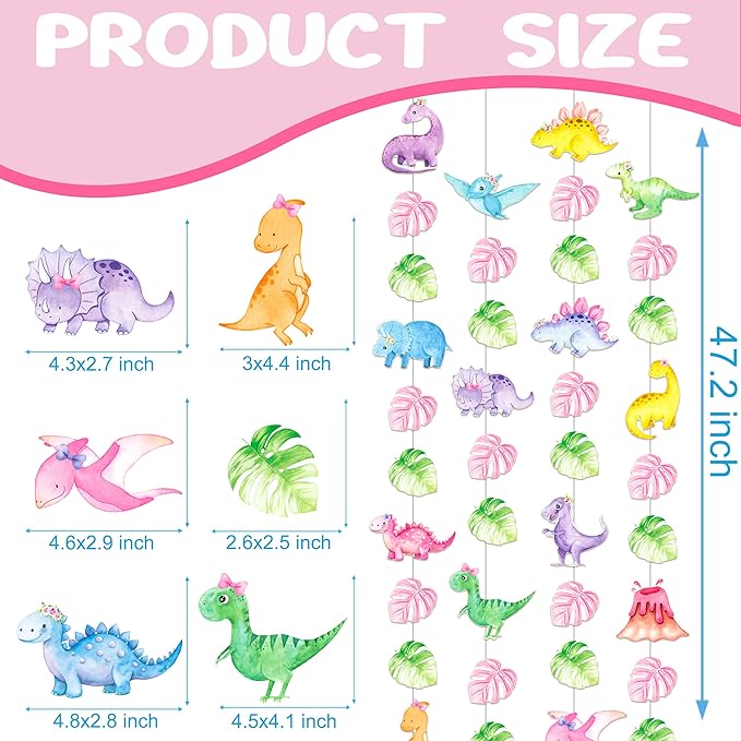 8pcs Dinosaur Theme Party Hanging Garlands Pink Dinosaur Birthday Party Ceiling Garland Decorations for Girls Dino Theme Birthday Baby Shower Supplies