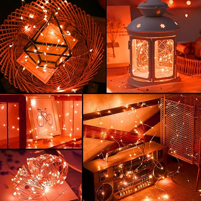 pozzolanas 24 Pack Orange Fairy Lights Battery Operated 3 Modes 7FT 20 LED Waterproof String Lights Twinkle Silver Wire for Mason Jars Wedding Christmas Halloween Party Decor (24, Orange)