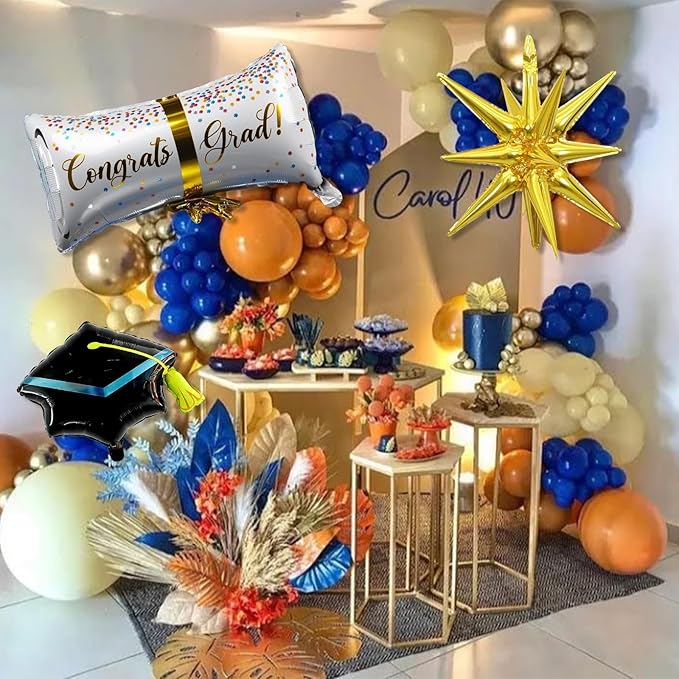 Blue and Orange Graduation Balloons Arch Garland Kit, 115 Pcs Navy Dark Blue Gold Orange Congrats Grad Balloons Class of 2025, Prom Graduation Party Decoration with Star Certificate Cap Foil Balloon