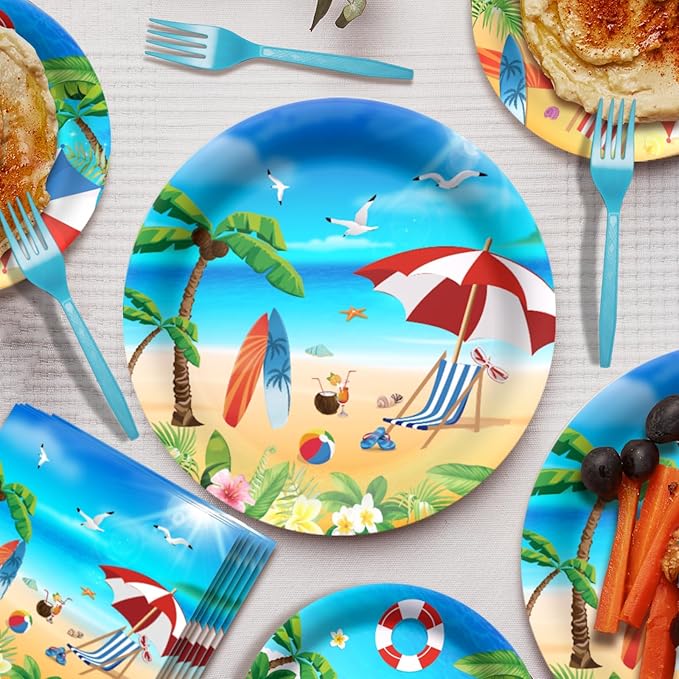 96 Pcs Beach Party Supplies Summer Beach Plates and Napkins Set Summer Decorations Tableware for Hawaiian Party Decorations, Serve 24