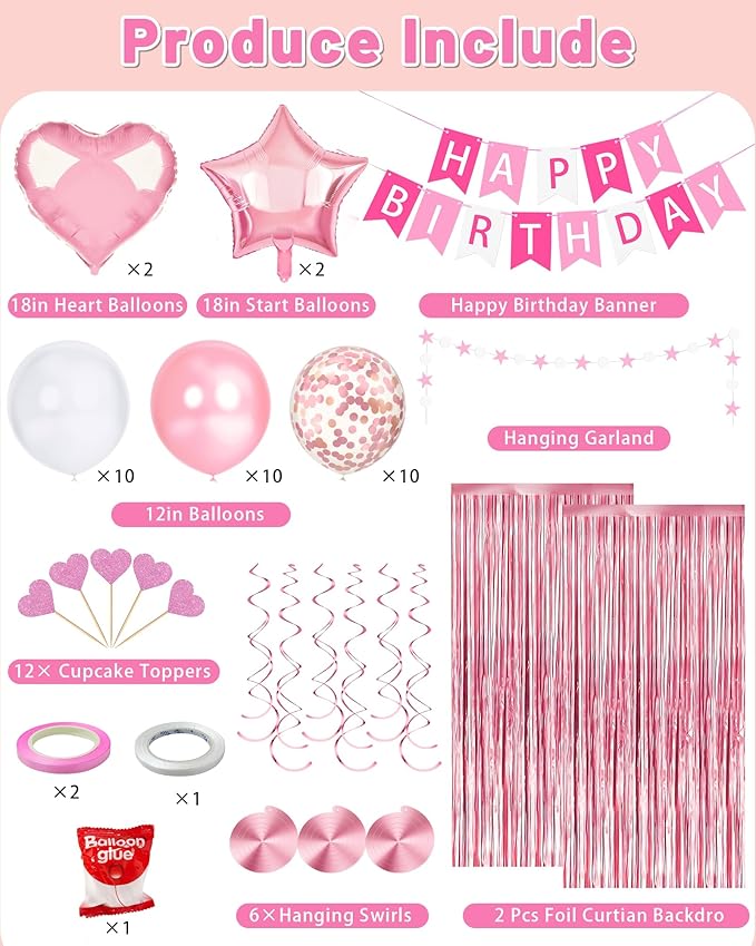 Lutoys Pink Happy Birthday Party Decorations, Happy Birthday Banner, Pink Foil Heart Star Confetti Balloons Curtain Backdrop Hanging Swirls Butterfly Party Decor for Girls Women Princess