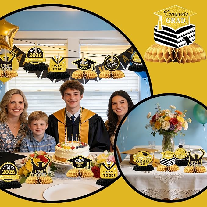 Graduation Decorations 2026 Black Gold Centerpieces 9 Pcs, Class of 2026 Graduation Table Decorations, Grad Party Decor for High School College, Graduation Party Supplies