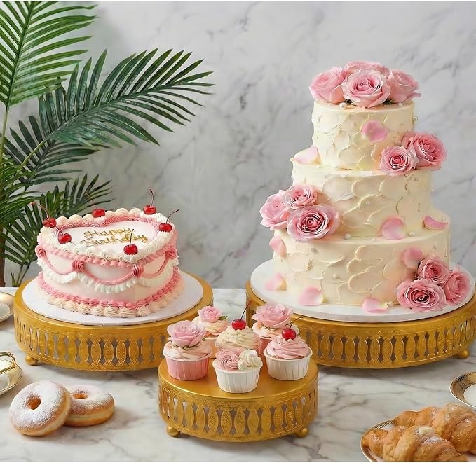 Goaste 3 Pack Metal Gold Cake Stand, 8"/10"/12" Round Cake Stands Set, Dessert Cupcake Display Stand Plate, Metal Display Risers for Pastry, Wedding, Birthday, Party, Anniversary, Table Decor, Events