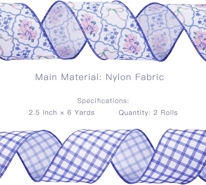 LaRibbons Floral Ribbon Wired 2.5 Inch x 6 Yards, 2 Rolls Purple Flower & Gingham Ribbon Set for Spring Wreaths, Gift Wrapping, Bow Making, Home Decor