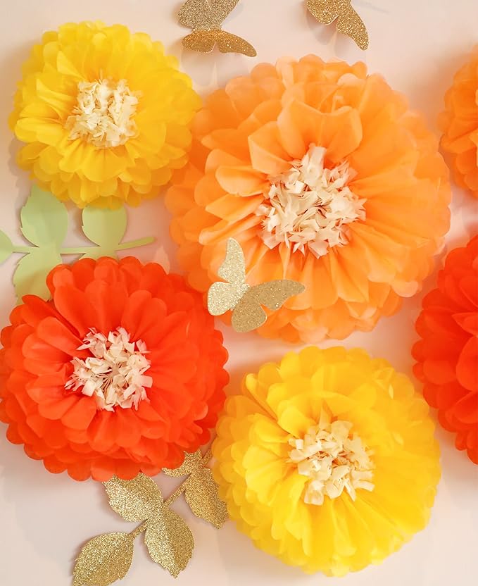 Fonder Mols Tissue Paper Chrysanth Flowers with Butterfly and Olive Leaves for Wedding Baby Shower Nursery Room Parties & Events Decorations Pom Poms (Yellow Orange)