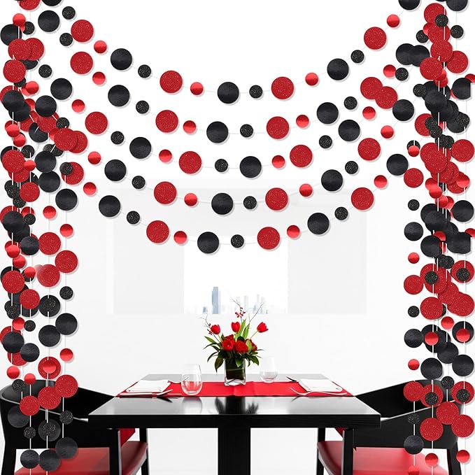 Outus 5 Pieces Black,Red Round Dots Garland Graduation Party Hanging Decor Each Length 13.1ft Glitter Paper Dot Streamers for Birthday Wedding Classroom Supplies