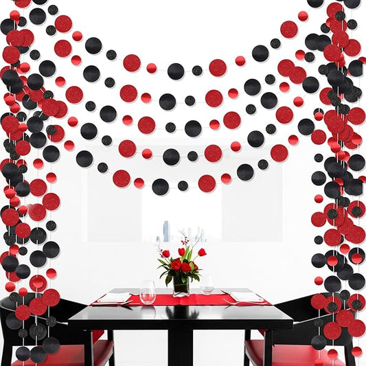 Outus 5 Pieces Black,Red Round Dots Garland Graduation Party Hanging Decor Each Length 13.1ft Glitter Paper Dot Streamers for Birthday Wedding Classroom Supplies