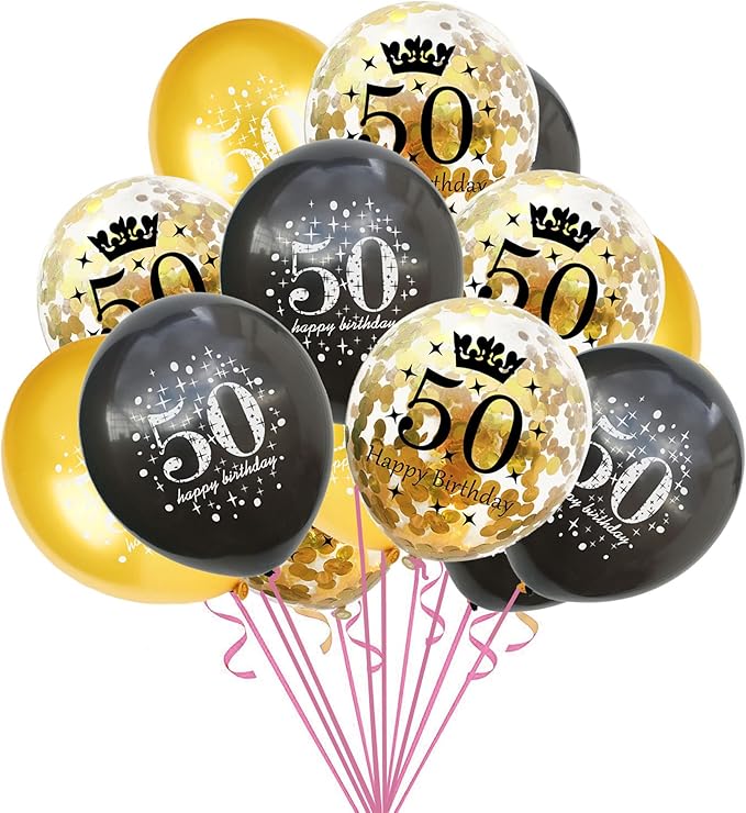 SHUNTAI 50th Birthday Balloons Black and Gold 50th Birthday Decorations Latex Confetti Balloons for Women & Men 50 Year Old Party Decor Supplies 15 Pack 12 Inch