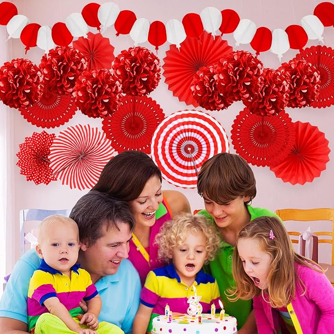 Red Party Decorations, Papar Fans Pompoms Fans Garlands for Birthday Bridal Baby Shower Wedding Graduation New Years Valentine's Day Party Decorations
