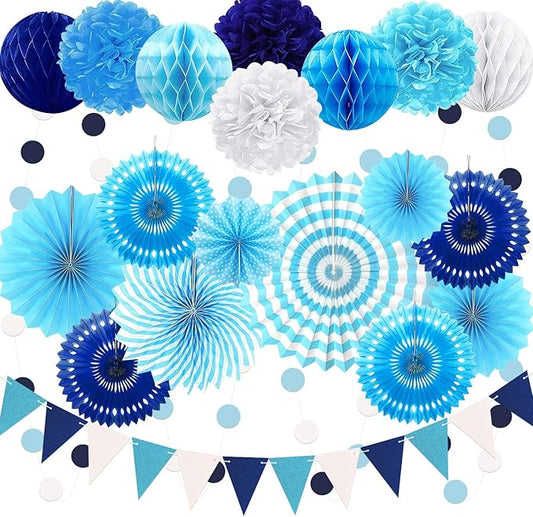 23Pcs Blue Birthday Party Decorations for Boys Men Navy Royal Light Blue Honeycomb Ball, Hanging Paper Fans, Pom Poms, Baby Shower Decorations Boy, Party Supplies 16th 18th 21th 30th 40th 50th