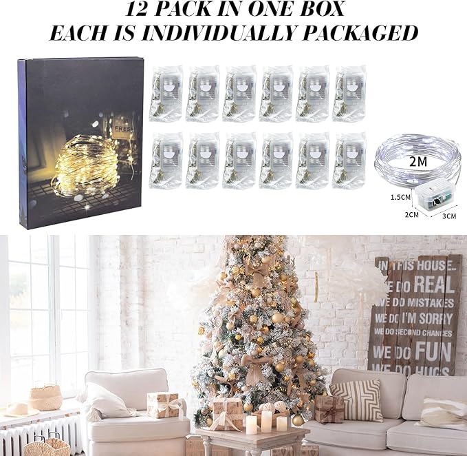 ZGWJ 12 Pack Fairy Lights Battery Operated, 7FT 20LED Mini Fairy String Lights Silver Wire 3 Modes for DIY, Parties, Wedding, Bedroom, Halloween Christmas Decoration- Cold White